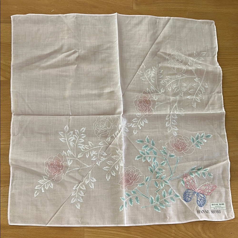 Floral Embroidered Handkerchief - White and Pink